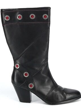 Harley-Davidson Black Leather Mid-Calf Boots with Red Eyelet Details